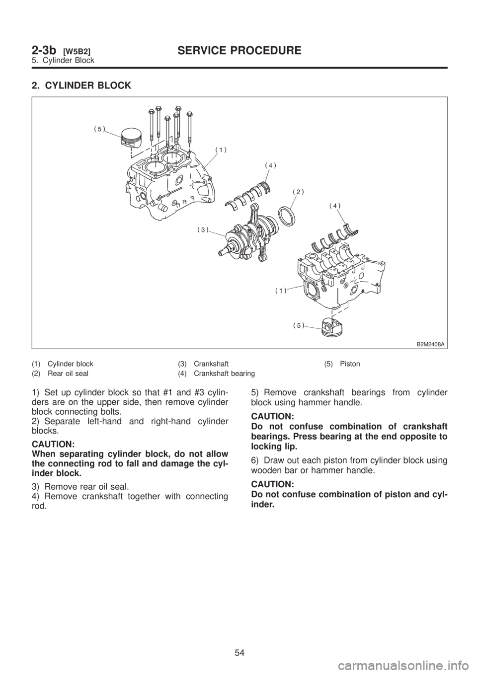 SUBARU LEGACY 1999  Service Repair Manual 2. CYLINDER BLOCK
B2M2408A
(1) Cylinder block
(2) Rear oil seal(3) Crankshaft
(4) Crankshaft bearing(5) Piston
1) Set up cylinder block so that #1 and #3 cylin-
ders are on the upper side, then remove