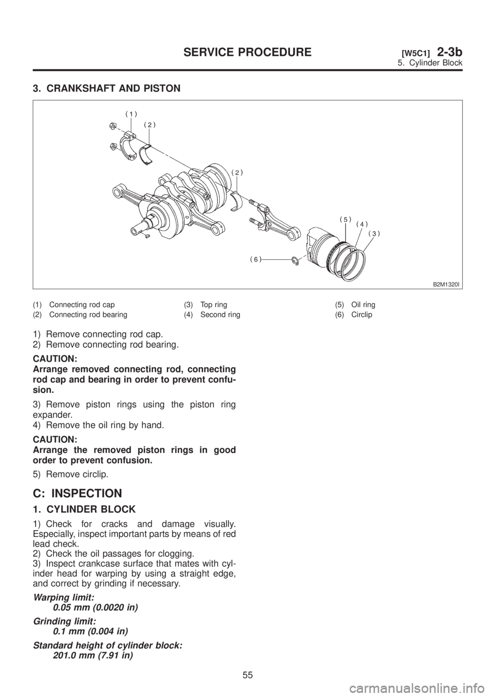 SUBARU LEGACY 1999  Service Repair Manual 3. CRANKSHAFT AND PISTON
B2M1320I
(1) Connecting rod cap
(2) Connecting rod bearing(3) Top ring
(4) Second ring(5) Oil ring
(6) Circlip
1) Remove connecting rod cap.
2) Remove connecting rod bearing.
