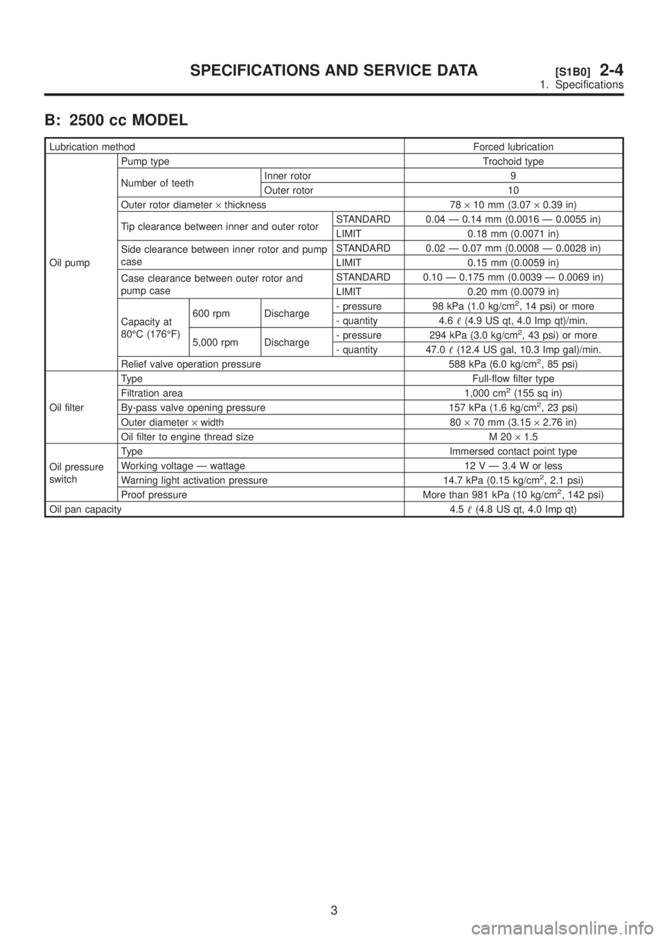 SUBARU LEGACY 1999  Service Repair Manual B: 2500 cc MODEL
Lubrication methodForced lubrication
Oil pumpPump type Trochoid type
Number of teethInner rotor 9
Outer rotor 10
Outer rotor diameter´thickness 78´10 mm (3.07´0.39 in)
Tip clearanc