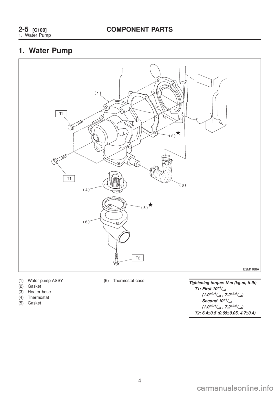 SUBARU LEGACY 1999 Service Repair Manual 1. Water Pump
B2M1188A
(1) Water pump ASSY
(2) Gasket
(3) Heater hose
(4) Thermostat
(5) Gasket(6) Thermostat caseTightening torque: N´m (kg-m, ft-lb)
T1:
First 10+4/þ0
(1.0+0.4/þ0, 7.2+2.9/þ0)
Se SUBARU LEGACY 1999 Service Repair Manual 1. Water Pump
B2M1188A
(1) Water pump ASSY
(2) Gasket
(3) Heater hose
(4) Thermostat
(5) Gasket(6) Thermostat caseTightening torque: N´m (kg-m, ft-lb)
T1:
First 10+4/þ0
(1.0+0.4/þ0, 7.2+2.9/þ0)
Se