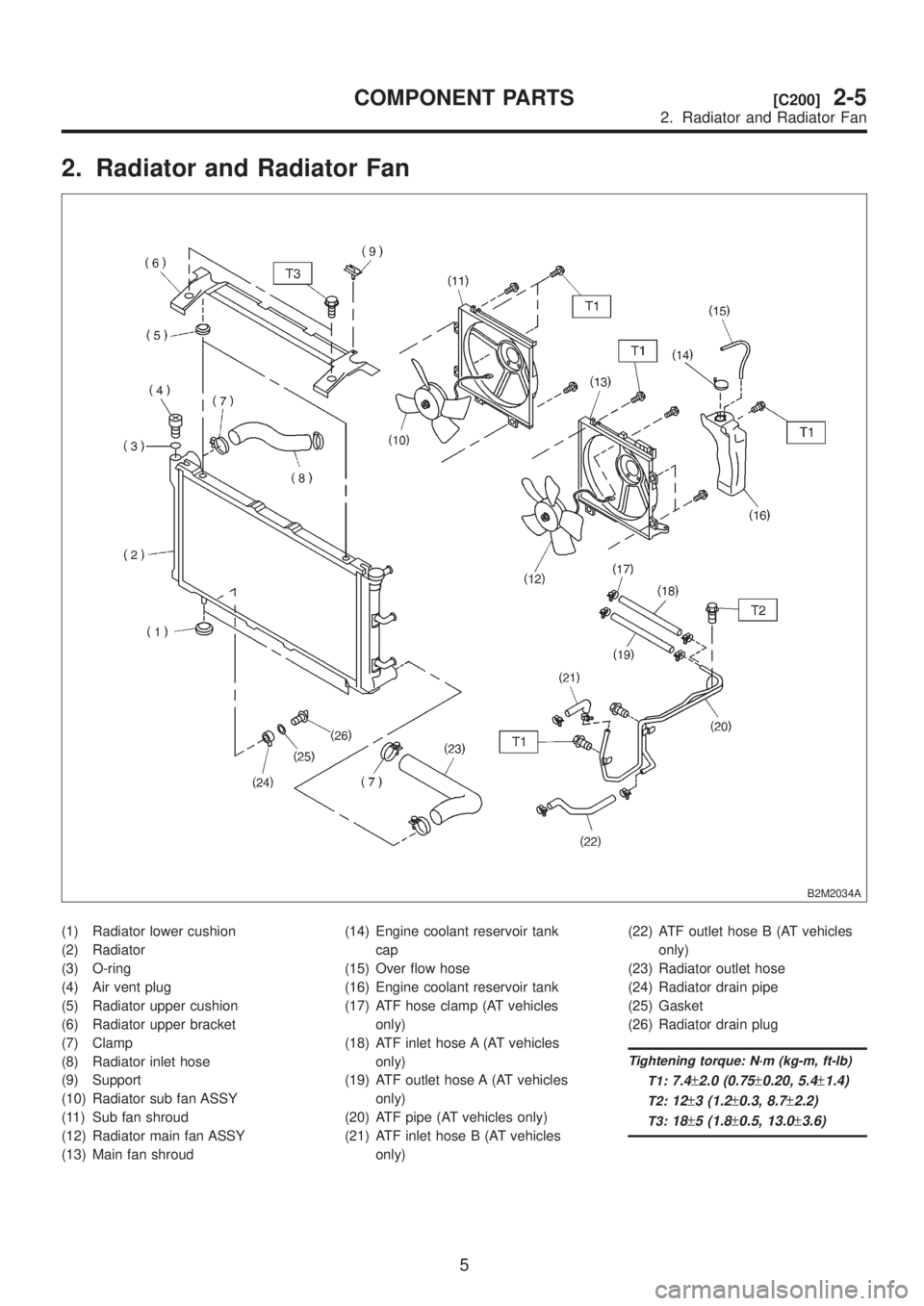 SUBARU LEGACY 1999 Service Repair Manual 2. Radiator and Radiator Fan
B2M2034A
(1) Radiator lower cushion
(2) Radiator
(3) O-ring
(4) Air vent plug
(5) Radiator upper cushion
(6) Radiator upper bracket
(7) Clamp
(8) Radiator inlet hose
(9) S SUBARU LEGACY 1999 Service Repair Manual 2. Radiator and Radiator Fan
B2M2034A
(1) Radiator lower cushion
(2) Radiator
(3) O-ring
(4) Air vent plug
(5) Radiator upper cushion
(6) Radiator upper bracket
(7) Clamp
(8) Radiator inlet hose
(9) S