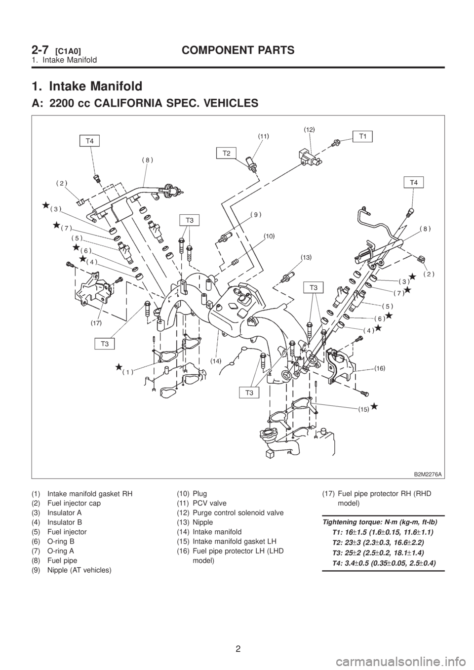 SUBARU LEGACY 1999  Service Repair Manual 1. Intake Manifold
A: 2200 cc CALIFORNIA SPEC. VEHICLES
B2M2276A
(1) Intake manifold gasket RH
(2) Fuel injector cap
(3) Insulator A
(4) Insulator B
(5) Fuel injector
(6) O-ring B
(7) O-ring A
(8) Fue