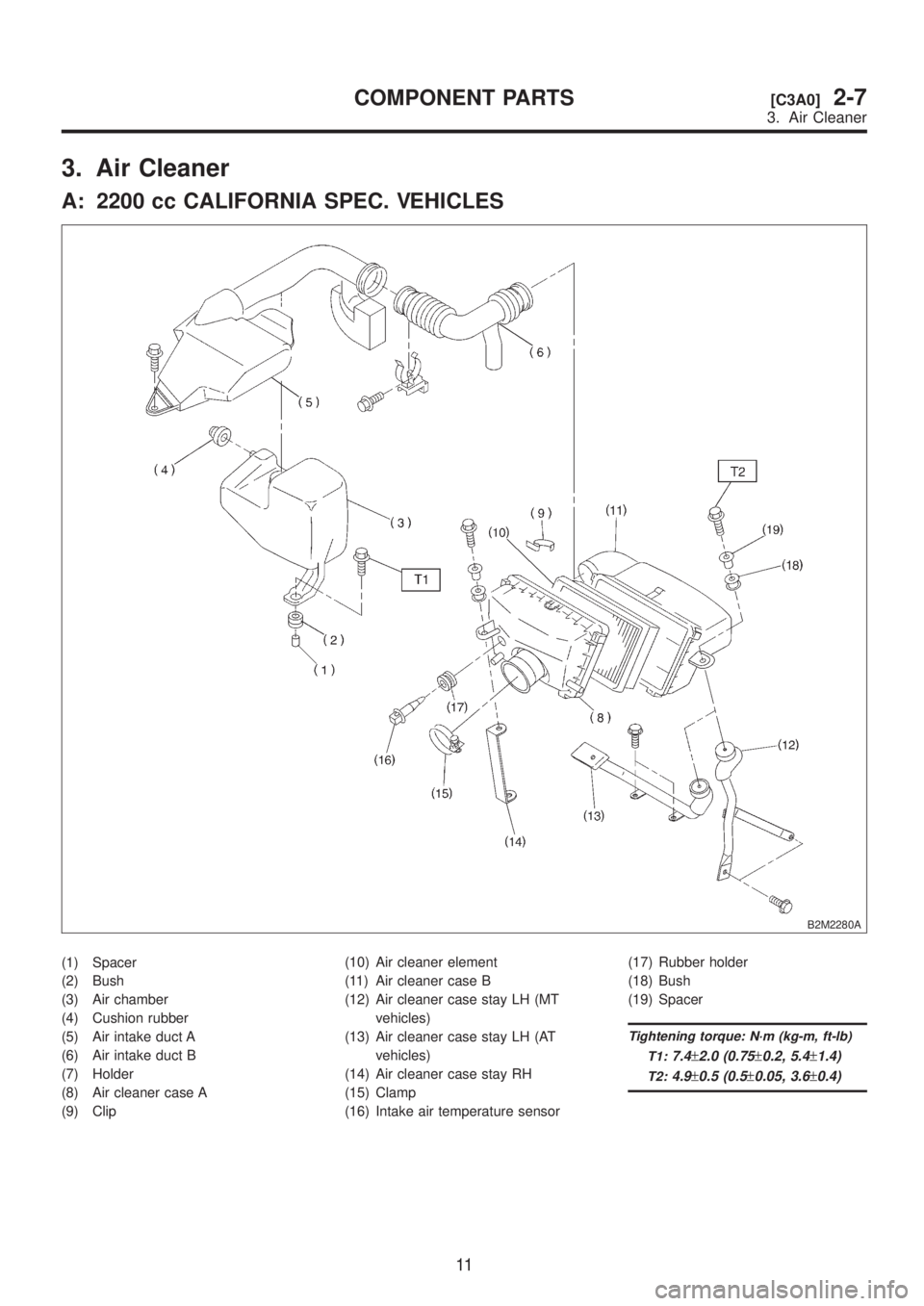 SUBARU LEGACY 1999  Service Repair Manual 3. Air Cleaner
A: 2200 cc CALIFORNIA SPEC. VEHICLES
B2M2280A
(1) Spacer
(2) Bush
(3) Air chamber
(4) Cushion rubber
(5) Air intake duct A
(6) Air intake duct B
(7) Holder
(8) Air cleaner case A
(9) Cl