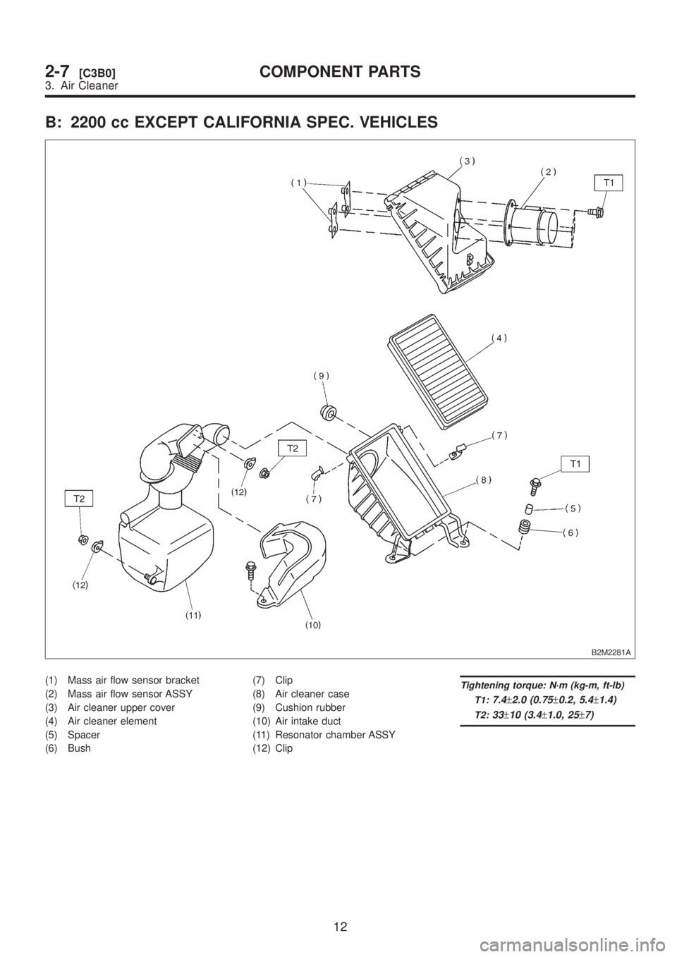 SUBARU LEGACY 1999  Service Repair Manual B: 2200 cc EXCEPT CALIFORNIA SPEC. VEHICLES
B2M2281A
(1) Mass air flow sensor bracket
(2) Mass air flow sensor ASSY
(3) Air cleaner upper cover
(4) Air cleaner element
(5) Spacer
(6) Bush(7) Clip
(8) 