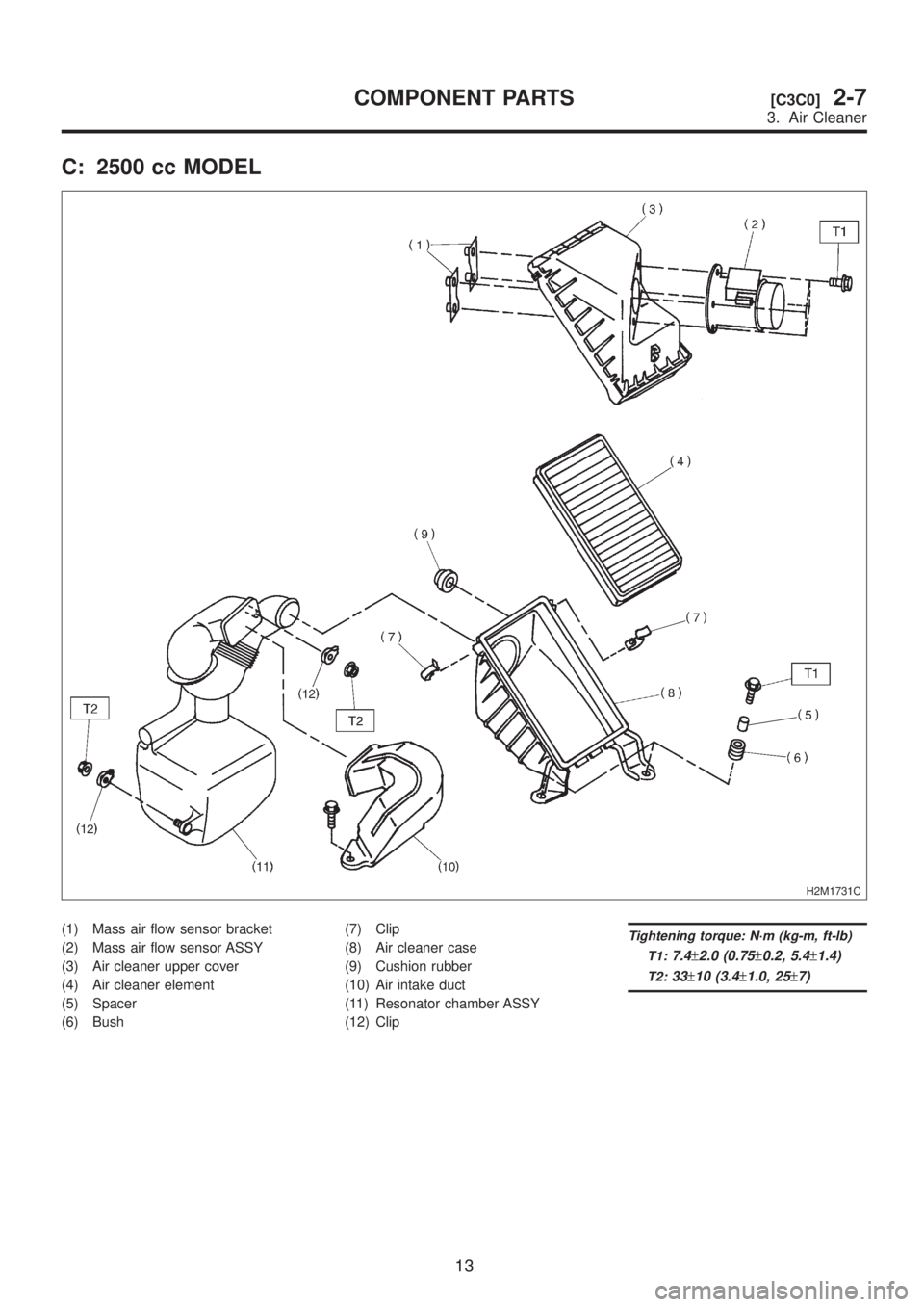 SUBARU LEGACY 1999  Service Repair Manual C: 2500 cc MODEL
H2M1731C
(1) Mass air flow sensor bracket
(2) Mass air flow sensor ASSY
(3) Air cleaner upper cover
(4) Air cleaner element
(5) Spacer
(6) Bush(7) Clip
(8) Air cleaner case
(9) Cushio