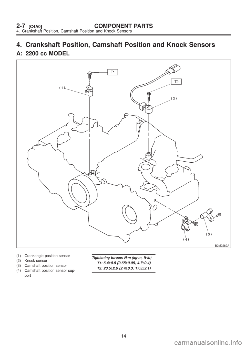 SUBARU LEGACY 1999  Service Repair Manual 4. Crankshaft Position, Camshaft Position and Knock Sensors
A: 2200 cc MODEL
B2M2282A
(1) Crankangle position sensor
(2) Knock sensor
(3) Camshaft position sensor
(4) Camshaft position sensor sup-
por