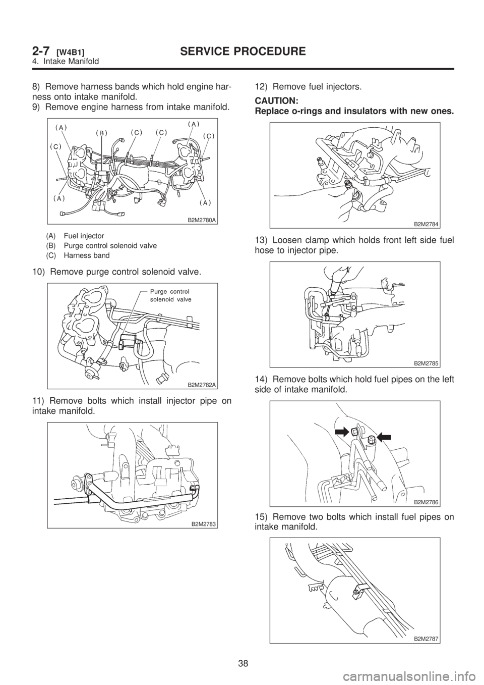 SUBARU LEGACY 1999  Service Repair Manual 8) Remove harness bands which hold engine har-
ness onto intake manifold.
9) Remove engine harness from intake manifold.
B2M2780A
(A) Fuel injector
(B) Purge control solenoid valve
(C) Harness band
10