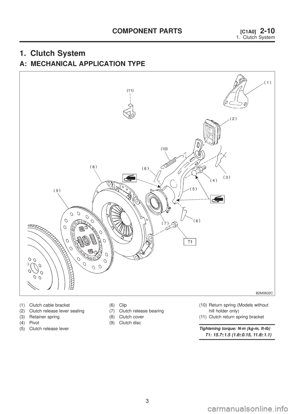 SUBARU LEGACY 1999 Service Repair Manual 1. Clutch System
A: MECHANICAL APPLICATION TYPE
B2M0632C
(1) Clutch cable bracket
(2) Clutch release lever sealing
(3) Retainer spring
(4) Pivot
(5) Clutch release lever(6) Clip
(7) Clutch release bea SUBARU LEGACY 1999 Service Repair Manual 1. Clutch System
A: MECHANICAL APPLICATION TYPE
B2M0632C
(1) Clutch cable bracket
(2) Clutch release lever sealing
(3) Retainer spring
(4) Pivot
(5) Clutch release lever(6) Clip
(7) Clutch release bea