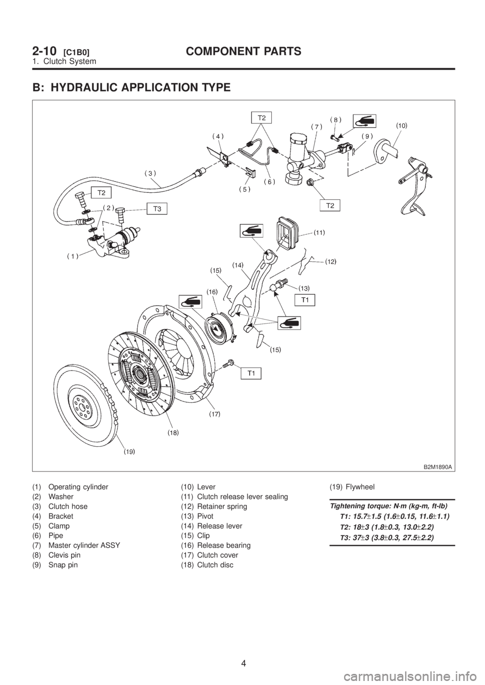 SUBARU LEGACY 1999 Service Repair Manual B: HYDRAULIC APPLICATION TYPE
B2M1890A
(1) Operating cylinder
(2) Washer
(3) Clutch hose
(4) Bracket
(5) Clamp
(6) Pipe
(7) Master cylinder ASSY
(8) Clevis pin
(9) Snap pin(10) Lever
(11) Clutch relea SUBARU LEGACY 1999 Service Repair Manual B: HYDRAULIC APPLICATION TYPE
B2M1890A
(1) Operating cylinder
(2) Washer
(3) Clutch hose
(4) Bracket
(5) Clamp
(6) Pipe
(7) Master cylinder ASSY
(8) Clevis pin
(9) Snap pin(10) Lever
(11) Clutch relea