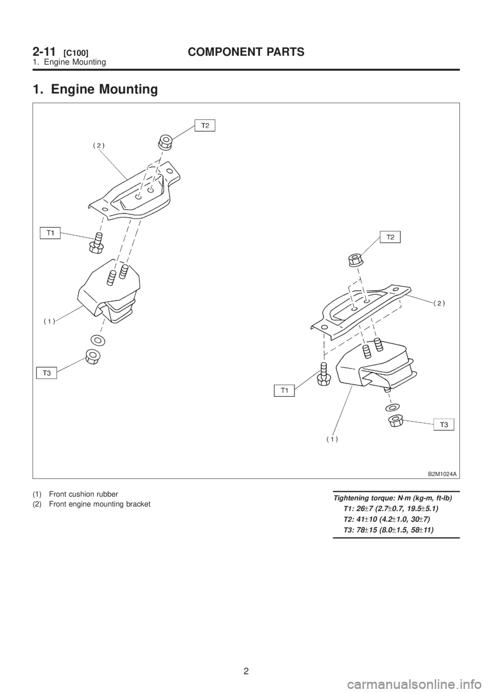 SUBARU LEGACY 1999  Service Repair Manual 1. Engine Mounting
B2M1024A
(1) Front cushion rubber
(2) Front engine mounting bracketTightening torque: N´m (kg-m, ft-lb)
T1:
26±7 (2.7±0.7, 19.5±5.1)
T2:41±10 (4.2±1.0, 30±7)
T3:78±15 (8.0±