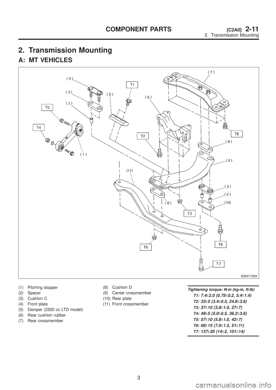 SUBARU LEGACY 1999  Service Repair Manual 2. Transmission Mounting
A: MT VEHICLES
B2M1728A
(1) Pitching stopper
(2) Spacer
(3) Cushion C
(4) Front plate
(5) Damper (2500 cc LTD model)
(6) Rear cushion rubber
(7) Rear crossmember(8) Cushion D
