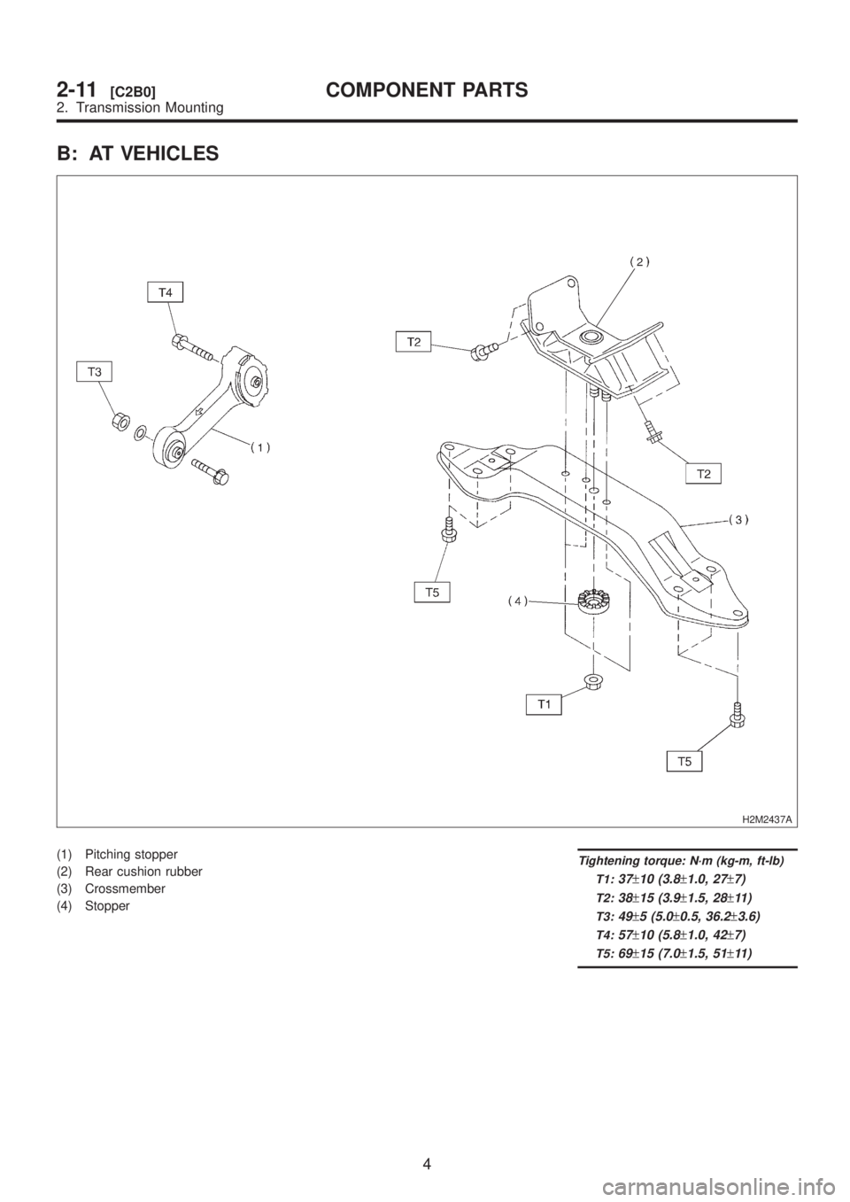 SUBARU LEGACY 1999  Service Repair Manual B: AT VEHICLES
H2M2437A
(1) Pitching stopper
(2) Rear cushion rubber
(3) Crossmember
(4) StopperTightening torque: N´m (kg-m, ft-lb)
T1:
37±10 (3.8±1.0, 27±7)
T2:38±15 (3.9±1.5, 28±11 )
T3:49±