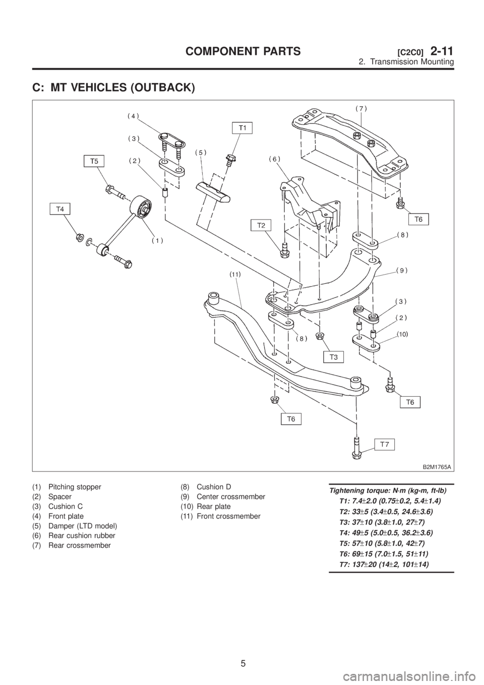 SUBARU LEGACY 1999  Service Repair Manual C: MT VEHICLES (OUTBACK)
B2M1765A
(1) Pitching stopper
(2) Spacer
(3) Cushion C
(4) Front plate
(5) Damper (LTD model)
(6) Rear cushion rubber
(7) Rear crossmember(8) Cushion D
(9) Center crossmember
