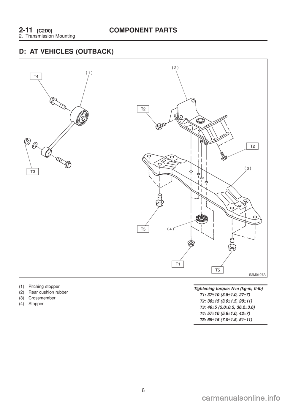 SUBARU LEGACY 1999  Service Repair Manual D: AT VEHICLES (OUTBACK)
S2M0197A
(1) Pitching stopper
(2) Rear cushion rubber
(3) Crossmember
(4) StopperTightening torque: N´m (kg-m, ft-lb)
T1:
37±10 (3.8±1.0, 27±7)
T2:38±15 (3.9±1.5, 28±11