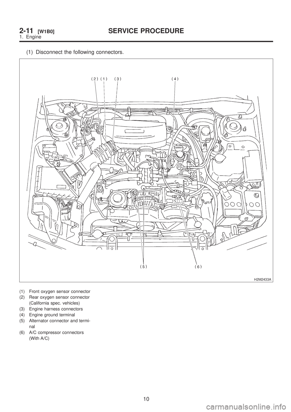 SUBARU LEGACY 1999  Service Repair Manual (1) Disconnect the following connectors.
H2M2433A
(1) Front oxygen sensor connector
(2) Rear oxygen sensor connector
(California spec. vehicles)
(3) Engine harness connectors
(4) Engine ground termina