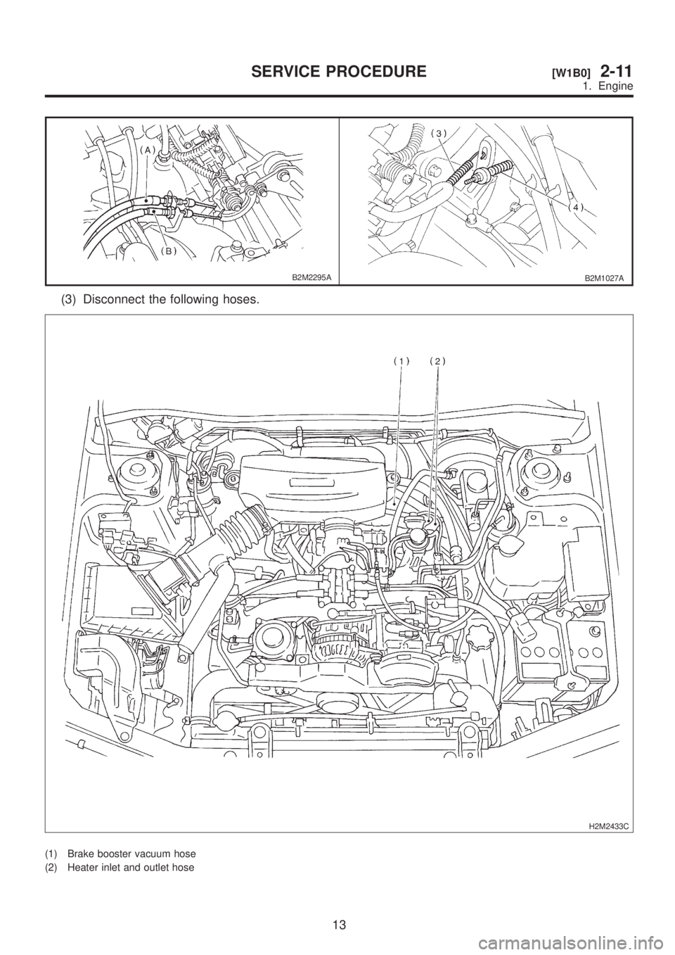 SUBARU LEGACY 1999  Service Repair Manual B2M2295AB2M1027A
(3) Disconnect the following hoses.
H2M2433C
(1) Brake booster vacuum hose
(2) Heater inlet and outlet hose
13
[W1B0]2-11SERVICE PROCEDURE
1. Engine  