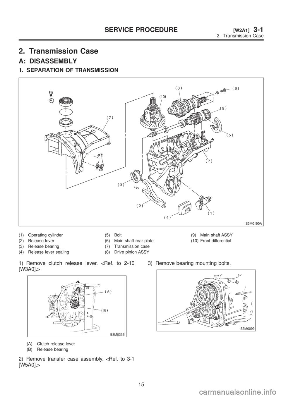 SUBARU LEGACY 1999  Service Repair Manual 2. Transmission Case
A: DISASSEMBLY
1. SEPARATION OF TRANSMISSION
S3M0190A
(1) Operating cylinder
(2) Release lever
(3) Release bearing
(4) Release lever sealing(5) Bolt
(6) Main shaft rear plate
(7) 