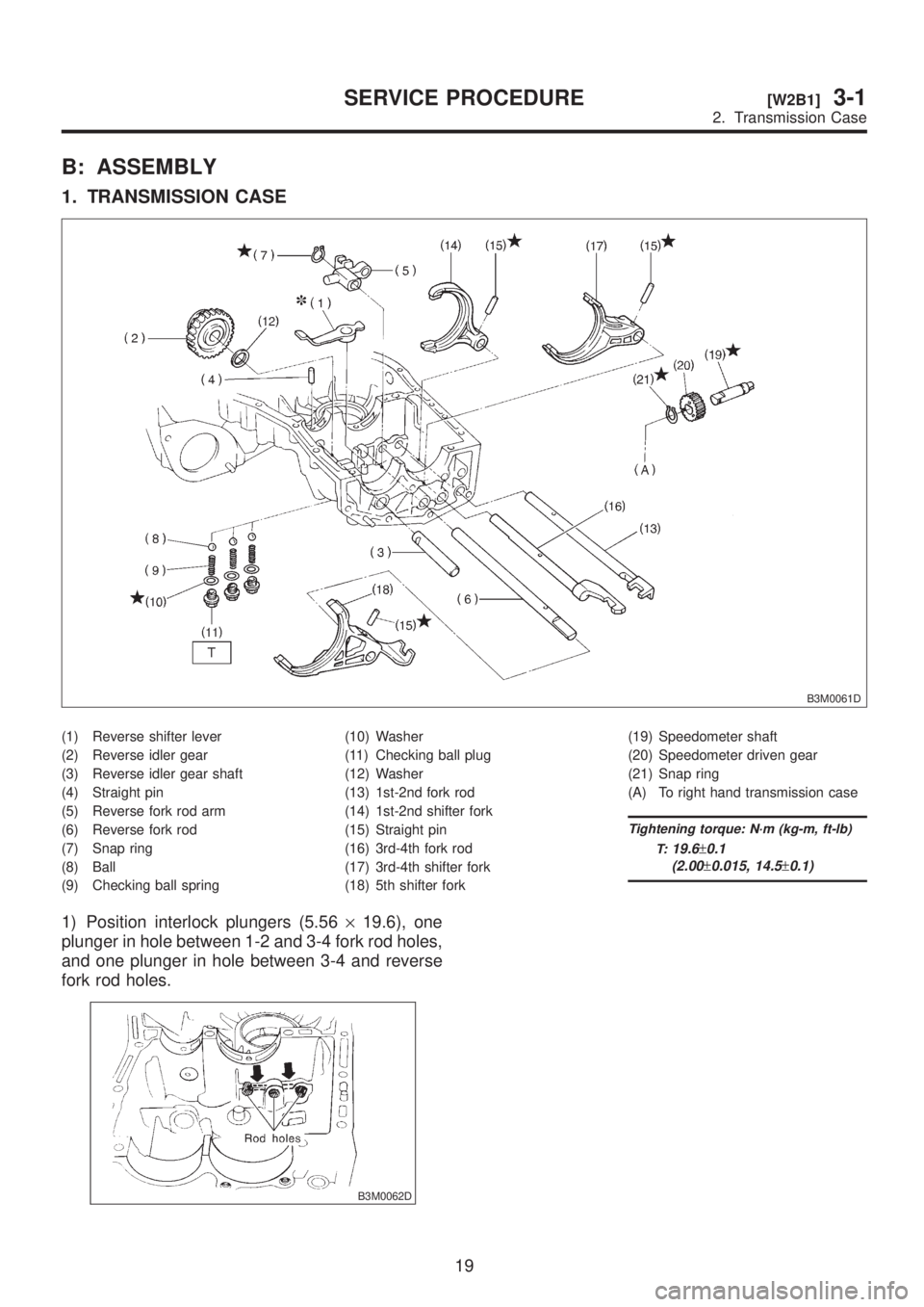 SUBARU LEGACY 1999  Service Repair Manual B: ASSEMBLY
1. TRANSMISSION CASE
B3M0061D
(1) Reverse shifter lever
(2) Reverse idler gear
(3) Reverse idler gear shaft
(4) Straight pin
(5) Reverse fork rod arm
(6) Reverse fork rod
(7) Snap ring
(8)