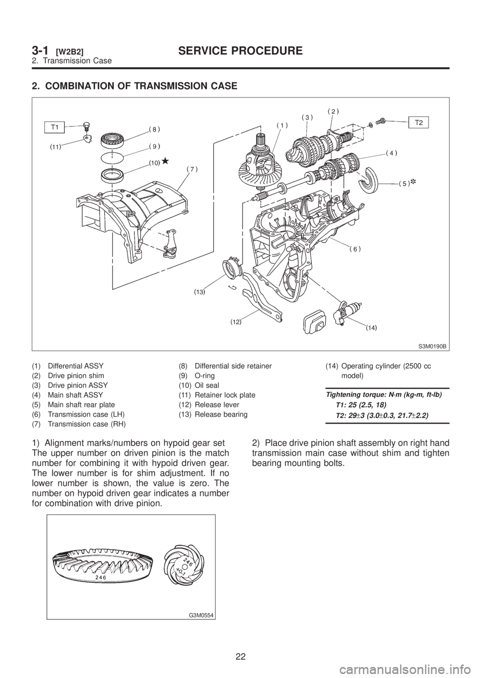 SUBARU LEGACY 1999  Service Repair Manual 2. COMBINATION OF TRANSMISSION CASE
S3M0190B
(1) Differential ASSY
(2) Drive pinion shim
(3) Drive pinion ASSY
(4) Main shaft ASSY
(5) Main shaft rear plate
(6) Transmission case (LH)
(7) Transmission