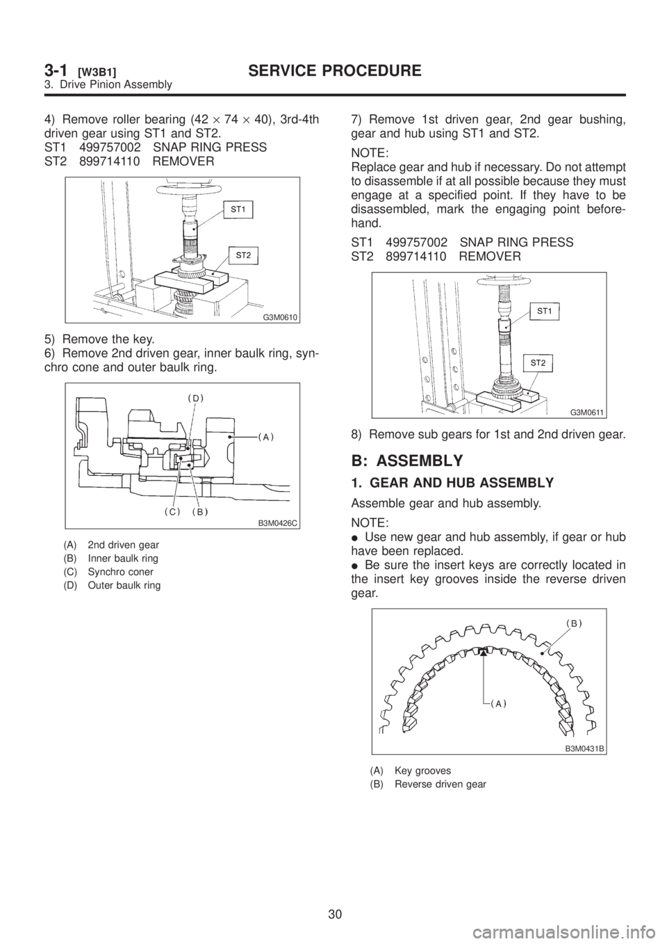 SUBARU LEGACY 1999  Service Repair Manual 4) Remove roller bearing (42´74´40), 3rd-4th
driven gear using ST1 and ST2.
ST1 499757002 SNAP RING PRESS
ST2 899714110 REMOVER
G3M0610
5) Remove the key.
6) Remove 2nd driven gear, inner baulk ring