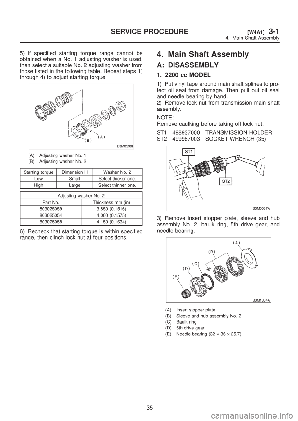 SUBARU LEGACY 1999 Service Repair Manual 5) If specified starting torque range cannot be
obtained when a No. 1 adjusting washer is used,
then select a suitable No. 2 adjusting washer from
those listed in the following table. Repeat steps 1)
SUBARU LEGACY 1999 Service Repair Manual 5) If specified starting torque range cannot be
obtained when a No. 1 adjusting washer is used,
then select a suitable No. 2 adjusting washer from
those listed in the following table. Repeat steps 1)