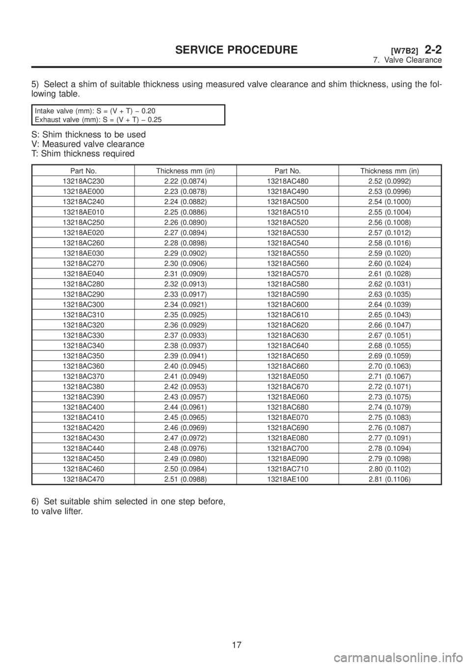 SUBARU LEGACY 1999  Service Workshop Manual 5) Select a shim of suitable thickness using measured valve clearance and shim thickness, using the fol-
lowing table.
Intake valve (mm):S=(V+T)þ0.20
Exhaust valve (mm):S=(V+T)þ0.25
S: Shim thicknes