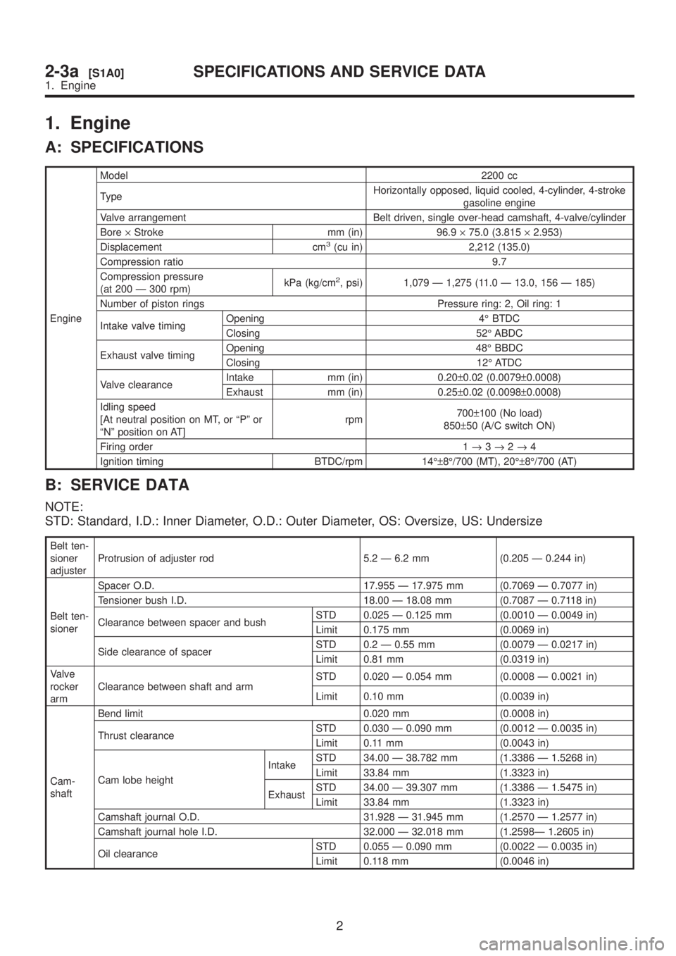 SUBARU LEGACY 1999  Service Workshop Manual 1. Engine
A: SPECIFICATIONS
EngineModel2200 cc
TypeHorizontally opposed, liquid cooled, 4-cylinder, 4-stroke
gasoline engine
Valve arrangement Belt driven, single over-head camshaft, 4-valve/cylinder
