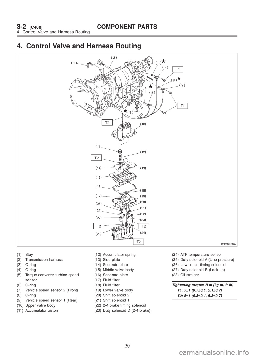 SUBARU LEGACY 1999  Service Repair Manual 4. Control Valve and Harness Routing
B3M0928A
(1) Stay
(2) Transmission harness
(3) O-ring
(4) O-ring
(5) Torque converter turbine speed
sensor
(6) O-ring
(7) Vehicle speed sensor 2 (Front)
(8) O-ring