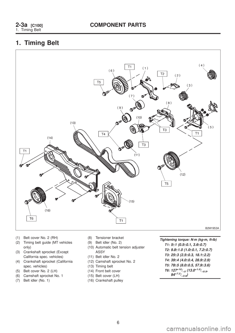 SUBARU LEGACY 1999  Service Workshop Manual 1. Timing Belt
B2M1953A
(1) Belt cover No. 2 (RH)
(2) Timing belt guide (MT vehicles
only)
(3) Crankshaft sprocket (Except
California spec. vehicles)
(4) Crankshaft sprocket (California
spec. vehicles