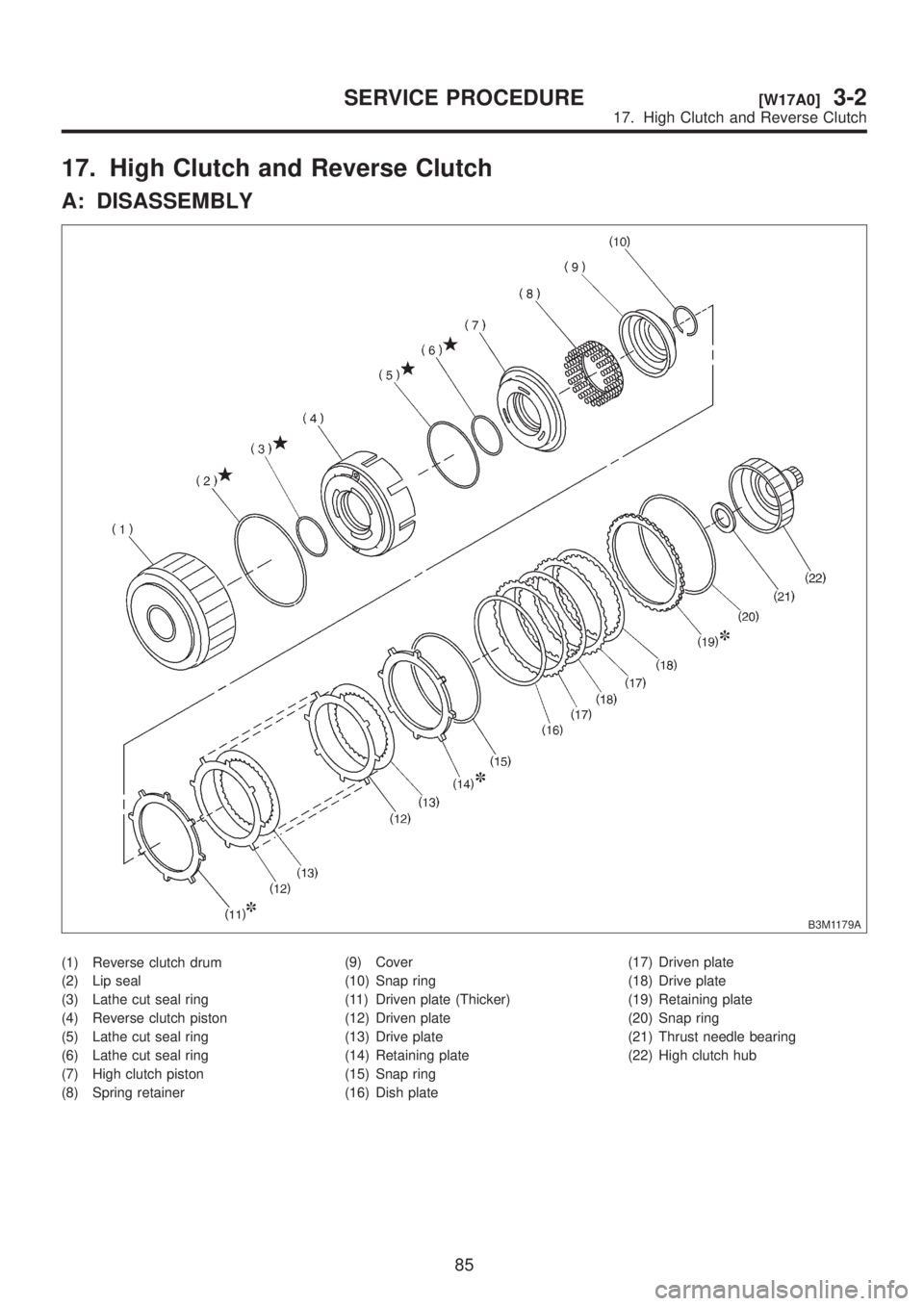 SUBARU LEGACY 1999 Service Repair Manual 17. High Clutch and Reverse Clutch
A: DISASSEMBLY
B3M1179A
(1) Reverse clutch drum
(2) Lip seal
(3) Lathe cut seal ring
(4) Reverse clutch piston
(5) Lathe cut seal ring
(6) Lathe cut seal ring
(7) Hi SUBARU LEGACY 1999 Service Repair Manual 17. High Clutch and Reverse Clutch
A: DISASSEMBLY
B3M1179A
(1) Reverse clutch drum
(2) Lip seal
(3) Lathe cut seal ring
(4) Reverse clutch piston
(5) Lathe cut seal ring
(6) Lathe cut seal ring
(7) Hi