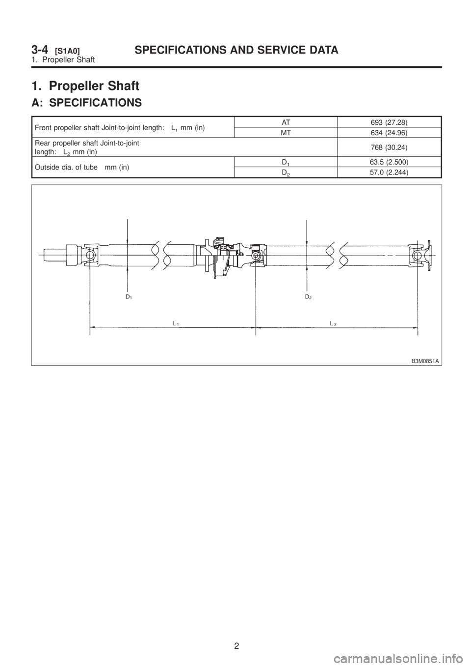 SUBARU LEGACY 1999 Service Repair Manual 1. Propeller Shaft
A: SPECIFICATIONS
Front propeller shaft Joint-to-joint length: L1mm (in)AT 693 (27.28)
MT 634 (24.96)
Rear propeller shaft Joint-to-joint
length: L
2mm (in)768 (30.24)
Outside dia. SUBARU LEGACY 1999 Service Repair Manual 1. Propeller Shaft
A: SPECIFICATIONS
Front propeller shaft Joint-to-joint length: L1mm (in)AT 693 (27.28)
MT 634 (24.96)
Rear propeller shaft Joint-to-joint
length: L
2mm (in)768 (30.24)
Outside dia.