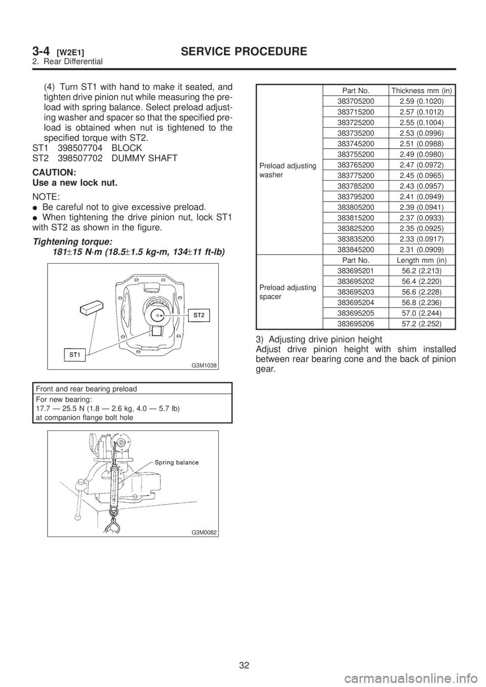 SUBARU LEGACY 1999 Service Repair Manual (4) Turn ST1 with hand to make it seated, and
tighten drive pinion nut while measuring the pre-
load with spring balance. Select preload adjust-
ing washer and spacer so that the specified pre-
load i SUBARU LEGACY 1999 Service Repair Manual (4) Turn ST1 with hand to make it seated, and
tighten drive pinion nut while measuring the pre-
load with spring balance. Select preload adjust-
ing washer and spacer so that the specified pre-
load i