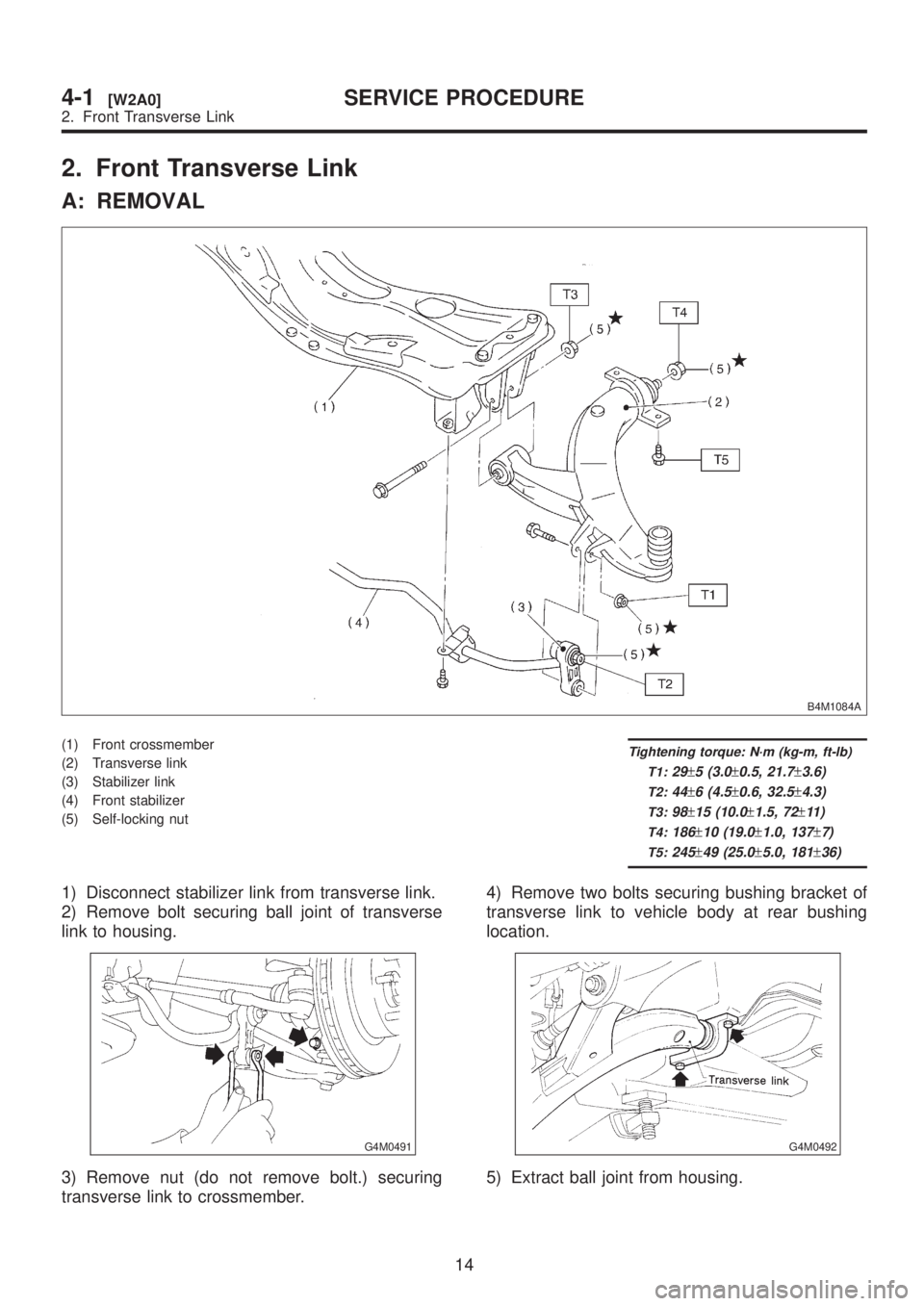 SUBARU LEGACY 1999 Service Repair Manual 2. Front Transverse Link
A: REMOVAL
B4M1084A
(1) Front crossmember
(2) Transverse link
(3) Stabilizer link
(4) Front stabilizer
(5) Self-locking nutTightening torque: N´m (kg-m, ft-lb)
T1:
29±5 (3.0 SUBARU LEGACY 1999 Service Repair Manual 2. Front Transverse Link
A: REMOVAL
B4M1084A
(1) Front crossmember
(2) Transverse link
(3) Stabilizer link
(4) Front stabilizer
(5) Self-locking nutTightening torque: N´m (kg-m, ft-lb)
T1:
29±5 (3.0