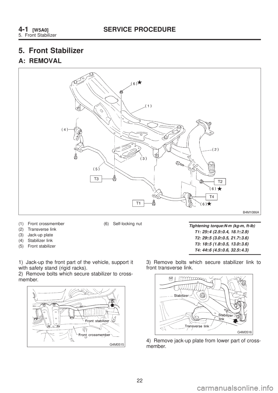 SUBARU LEGACY 1999 Service Repair Manual 5. Front Stabilizer
A: REMOVAL
B4M1086A
(1) Front crossmember
(2) Transverse link
(3) Jack-up plate
(4) Stabilizer link
(5) Front stabilizer(6) Self-locking nutTightening torque:N´m (kg-m, ft-lb)
T1: SUBARU LEGACY 1999 Service Repair Manual 5. Front Stabilizer
A: REMOVAL
B4M1086A
(1) Front crossmember
(2) Transverse link
(3) Jack-up plate
(4) Stabilizer link
(5) Front stabilizer(6) Self-locking nutTightening torque:N´m (kg-m, ft-lb)
T1: