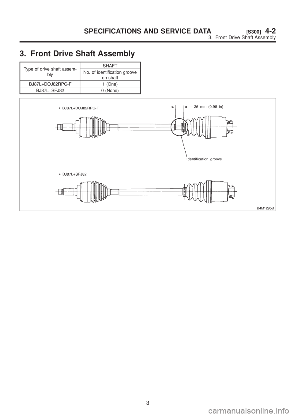 SUBARU LEGACY 1999  Service Repair Manual 3. Front Drive Shaft Assembly
Type of drive shaft assem-
blySHAFT
No. of identification groove
on shaft
BJ87L+DOJ82RPC-F 1 (One)
BJ87L+SFJ82 0 (None)
B4M1295B
3
[S300]4-2SPECIFICATIONS AND SERVICE DAT