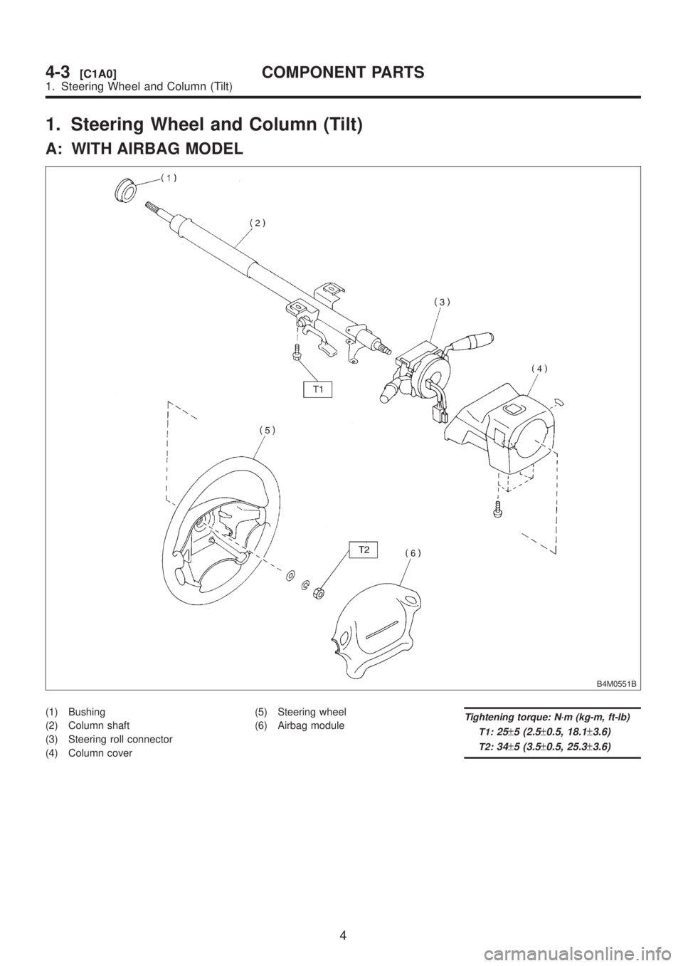 SUBARU LEGACY 1999 Service Repair Manual 1. Steering Wheel and Column (Tilt)
A: WITH AIRBAG MODEL
B4M0551B
(1) Bushing
(2) Column shaft
(3) Steering roll connector
(4) Column cover(5) Steering wheel
(6) Airbag moduleTightening torque: N´m ( SUBARU LEGACY 1999 Service Repair Manual 1. Steering Wheel and Column (Tilt)
A: WITH AIRBAG MODEL
B4M0551B
(1) Bushing
(2) Column shaft
(3) Steering roll connector
(4) Column cover(5) Steering wheel
(6) Airbag moduleTightening torque: N´m (