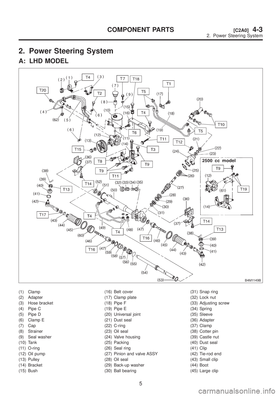 SUBARU LEGACY 1999 Service Repair Manual 2. Power Steering System
A: LHD MODEL
B4M1149B
(1) Clamp
(2) Adapter
(3) Hose bracket
(4) Pipe C
(5) Pipe D
(6) Clamp E
(7) Cap
(8) Strainer
(9) Seal washer
(10) Tank
(11) O-ring
(12) Oil pump
(13) Pu SUBARU LEGACY 1999 Service Repair Manual 2. Power Steering System
A: LHD MODEL
B4M1149B
(1) Clamp
(2) Adapter
(3) Hose bracket
(4) Pipe C
(5) Pipe D
(6) Clamp E
(7) Cap
(8) Strainer
(9) Seal washer
(10) Tank
(11) O-ring
(12) Oil pump
(13) Pu
