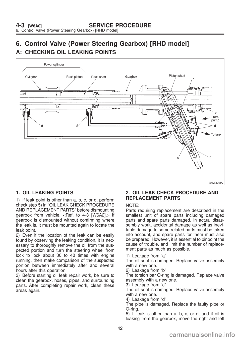 SUBARU LEGACY 1999  Service Repair Manual 6. Control Valve (Power Steering Gearbox) [RHD model]
A: CHECKING OIL LEAKING POINTS
B4M0668A
1. OIL LEAKING POINTS
1) If leak point is other than a, b, c, or d, perform
check step 5) in ªOIL LEAK CH