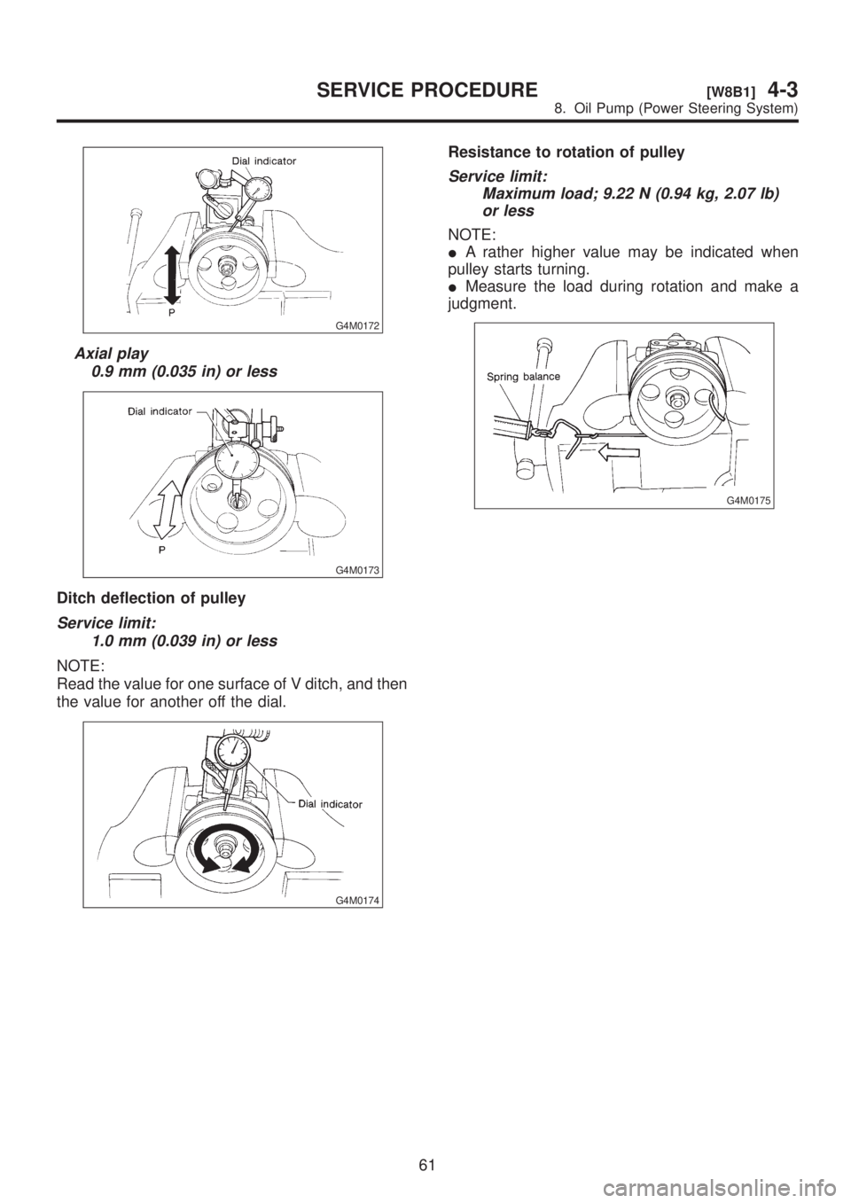 SUBARU LEGACY 1999 Service Repair Manual G4M0172
Axial play
0.9 mm (0.035 in) or less
G4M0173
Ditch deflection of pulley
Service limit:
1.0 mm (0.039 in) or less
NOTE:
Read the value for one surface of V ditch, and then
the value for another SUBARU LEGACY 1999 Service Repair Manual G4M0172
Axial play
0.9 mm (0.035 in) or less
G4M0173
Ditch deflection of pulley
Service limit:
1.0 mm (0.039 in) or less
NOTE:
Read the value for one surface of V ditch, and then
the value for another