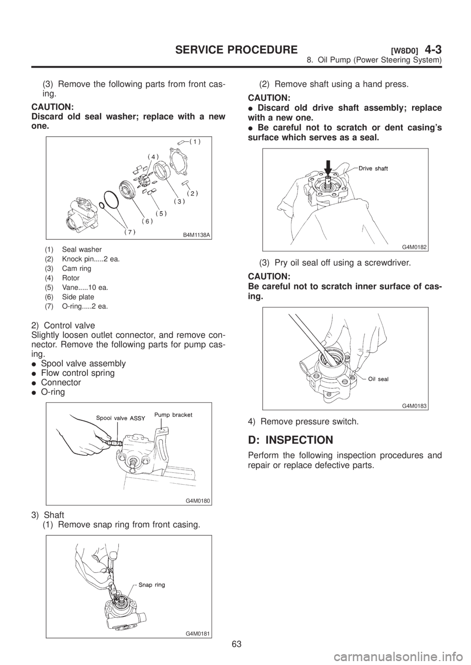 SUBARU LEGACY 1999 Service Repair Manual (3) Remove the following parts from front cas-
ing.
CAUTION:
Discard old seal washer; replace with a new
one.
B4M1138A
(1) Seal washer
(2) Knock pin.....2 ea.
(3) Cam ring
(4) Rotor
(5) Vane.....10 ea SUBARU LEGACY 1999 Service Repair Manual (3) Remove the following parts from front cas-
ing.
CAUTION:
Discard old seal washer; replace with a new
one.
B4M1138A
(1) Seal washer
(2) Knock pin.....2 ea.
(3) Cam ring
(4) Rotor
(5) Vane.....10 ea
