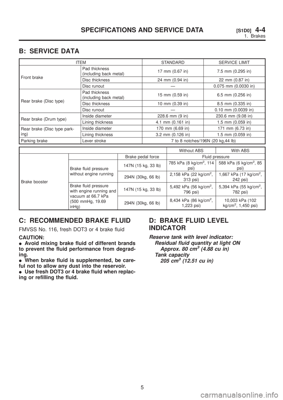 SUBARU LEGACY 1999 Service Repair Manual B: SERVICE DATA
ITEM STANDARD SERVICE LIMIT
Front brakePad thickness
(including back metal)17 mm (0.67 in) 7.5 mm (0.295 in)
Disc thickness 24 mm (0.94 in) 22 mm (0.87 in)
Disc runout Ð 0.075 mm (0.0 SUBARU LEGACY 1999 Service Repair Manual B: SERVICE DATA
ITEM STANDARD SERVICE LIMIT
Front brakePad thickness
(including back metal)17 mm (0.67 in) 7.5 mm (0.295 in)
Disc thickness 24 mm (0.94 in) 22 mm (0.87 in)
Disc runout Ð 0.075 mm (0.0