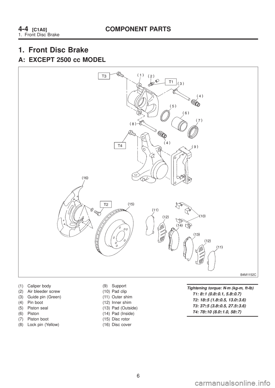 SUBARU LEGACY 1999 Service Repair Manual 1. Front Disc Brake
A: EXCEPT 2500 cc MODEL
B4M1152C
(1) Caliper body
(2) Air bleeder screw
(3) Guide pin (Green)
(4) Pin boot
(5) Piston seal
(6) Piston
(7) Piston boot
(8) Lock pin (Yellow)(9) Suppo SUBARU LEGACY 1999 Service Repair Manual 1. Front Disc Brake
A: EXCEPT 2500 cc MODEL
B4M1152C
(1) Caliper body
(2) Air bleeder screw
(3) Guide pin (Green)
(4) Pin boot
(5) Piston seal
(6) Piston
(7) Piston boot
(8) Lock pin (Yellow)(9) Suppo
