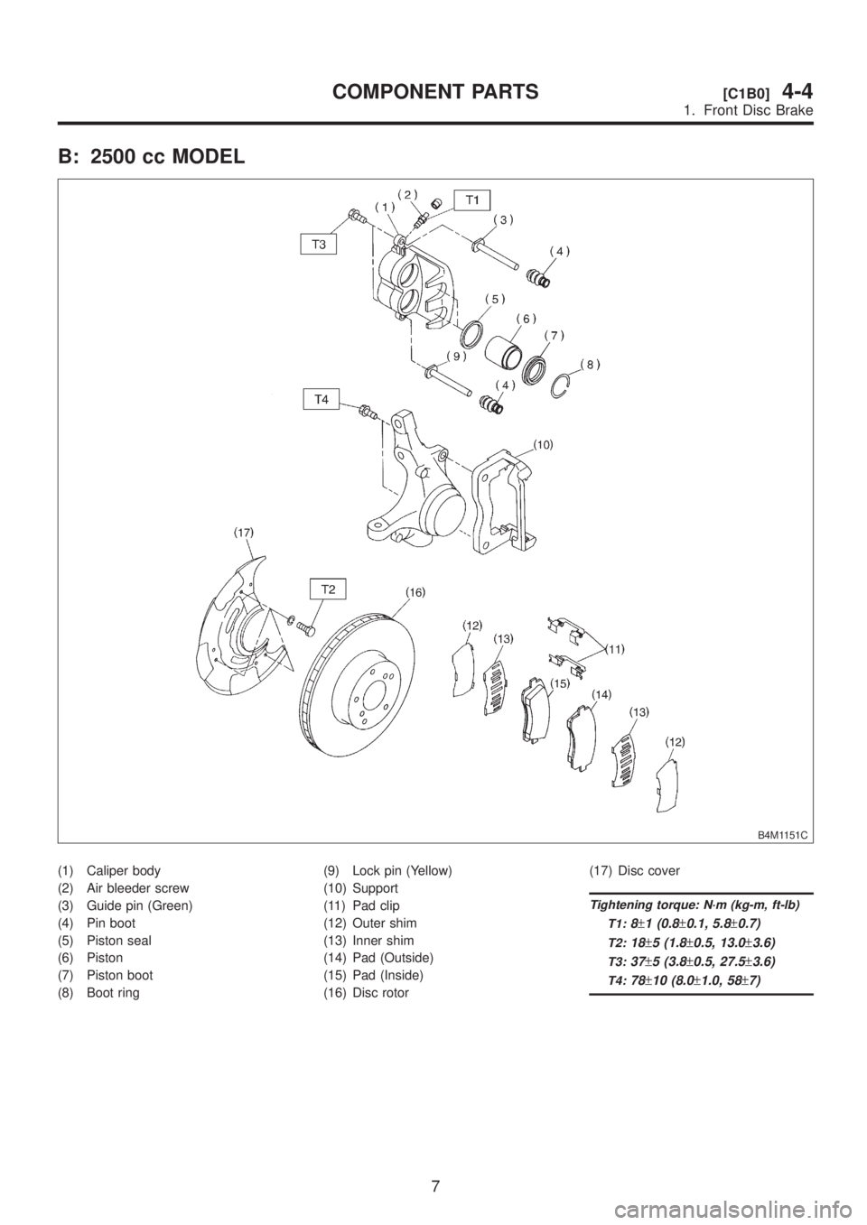 SUBARU LEGACY 1999 Service Repair Manual B: 2500 cc MODEL
B4M1151C
(1) Caliper body
(2) Air bleeder screw
(3) Guide pin (Green)
(4) Pin boot
(5) Piston seal
(6) Piston
(7) Piston boot
(8) Boot ring(9) Lock pin (Yellow)
(10) Support
(11) Pad SUBARU LEGACY 1999 Service Repair Manual B: 2500 cc MODEL
B4M1151C
(1) Caliper body
(2) Air bleeder screw
(3) Guide pin (Green)
(4) Pin boot
(5) Piston seal
(6) Piston
(7) Piston boot
(8) Boot ring(9) Lock pin (Yellow)
(10) Support
(11) Pad