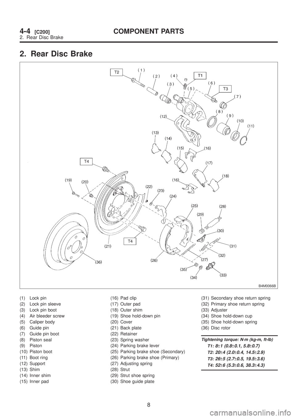 SUBARU LEGACY 1999 Service Repair Manual 2. Rear Disc Brake
B4M0066B
(1) Lock pin
(2) Lock pin sleeve
(3) Lock pin boot
(4) Air bleeder screw
(5) Caliper body
(6) Guide pin
(7) Guide pin boot
(8) Piston seal
(9) Piston
(10) Piston boot
(11) SUBARU LEGACY 1999 Service Repair Manual 2. Rear Disc Brake
B4M0066B
(1) Lock pin
(2) Lock pin sleeve
(3) Lock pin boot
(4) Air bleeder screw
(5) Caliper body
(6) Guide pin
(7) Guide pin boot
(8) Piston seal
(9) Piston
(10) Piston boot
(11)