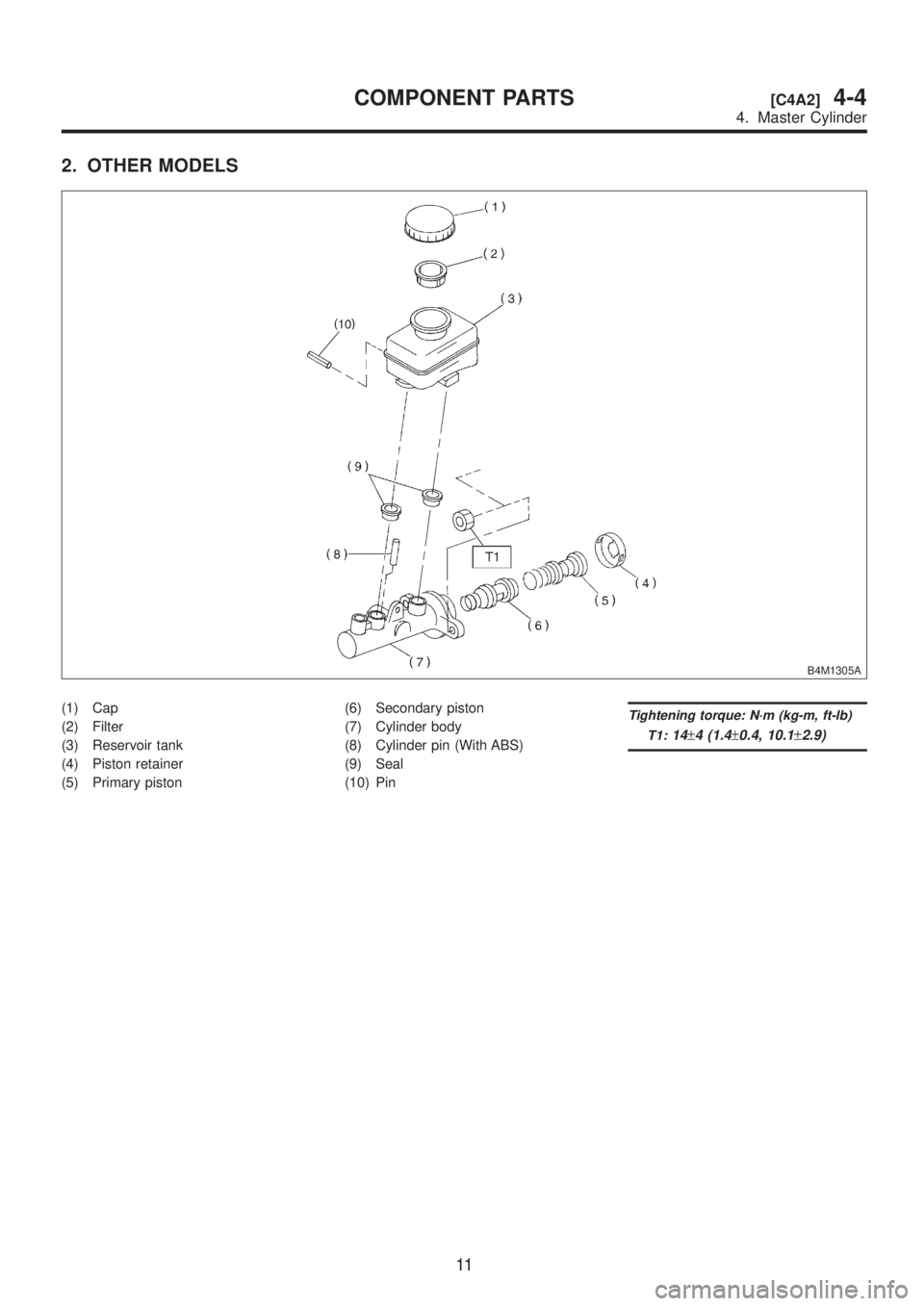 SUBARU LEGACY 1999  Service Repair Manual 2. OTHER MODELS
B4M1305A
(1) Cap
(2) Filter
(3) Reservoir tank
(4) Piston retainer
(5) Primary piston(6) Secondary piston
(7) Cylinder body
(8) Cylinder pin (With ABS)
(9) Seal
(10) PinTightening torq