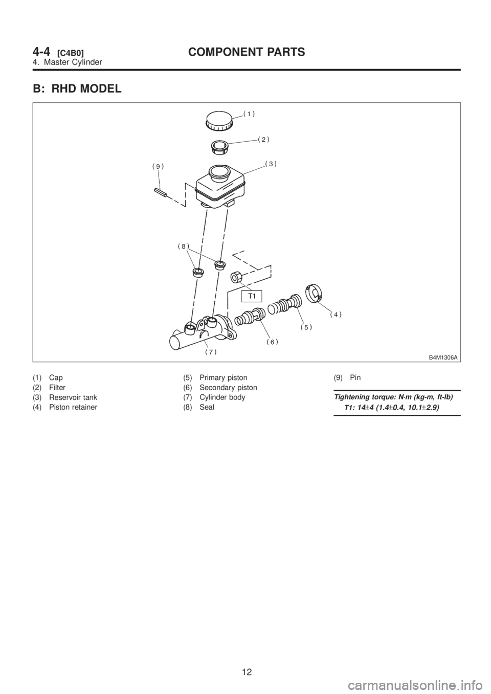 SUBARU LEGACY 1999  Service Repair Manual B: RHD MODEL
B4M1306A
(1) Cap
(2) Filter
(3) Reservoir tank
(4) Piston retainer(5) Primary piston
(6) Secondary piston
(7) Cylinder body
(8) Seal(9) Pin
Tightening torque: N´m (kg-m, ft-lb)
T1:
14±4