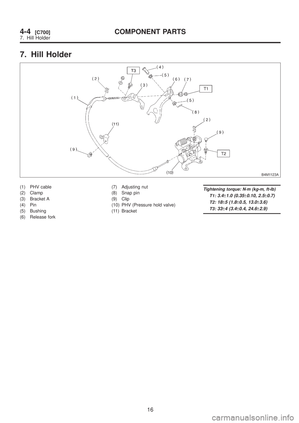 SUBARU LEGACY 1999  Service Repair Manual 7. Hill Holder
B4M1123A
(1) PHV cable
(2) Clamp
(3) Bracket A
(4) Pin
(5) Bushing
(6) Release fork(7) Adjusting nut
(8) Snap pin
(9) Clip
(10) PHV (Pressure hold valve)
(11) BracketTightening torque: 