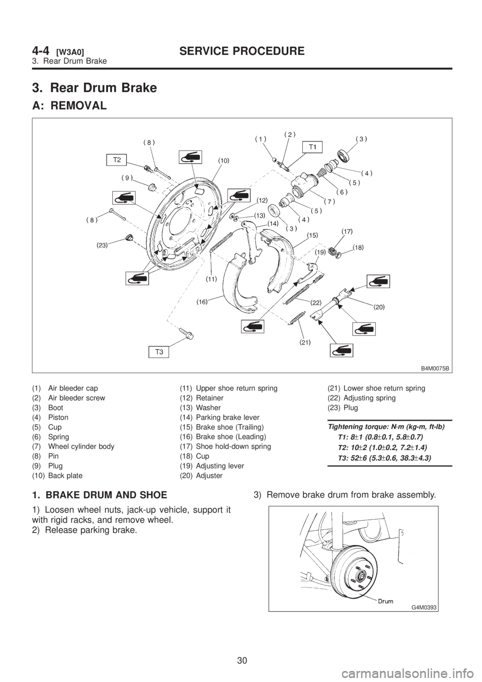 SUBARU LEGACY 1999 Service Repair Manual 3. Rear Drum Brake
A: REMOVAL
B4M0075B
(1) Air bleeder cap
(2) Air bleeder screw
(3) Boot
(4) Piston
(5) Cup
(6) Spring
(7) Wheel cylinder body
(8) Pin
(9) Plug
(10) Back plate(11) Upper shoe return s SUBARU LEGACY 1999 Service Repair Manual 3. Rear Drum Brake
A: REMOVAL
B4M0075B
(1) Air bleeder cap
(2) Air bleeder screw
(3) Boot
(4) Piston
(5) Cup
(6) Spring
(7) Wheel cylinder body
(8) Pin
(9) Plug
(10) Back plate(11) Upper shoe return s