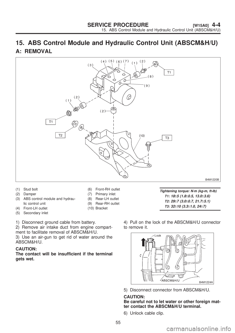 SUBARU LEGACY 1999 Service Repair Manual 15. ABS Control Module and Hydraulic Control Unit (ABSCM&H/U)
A: REMOVAL
B4M1220B
(1) Stud bolt
(2) Damper
(3) ABS control module and hydrau-
lic control unit
(4) Front-LH outlet
(5) Secondary inlet(6 SUBARU LEGACY 1999 Service Repair Manual 15. ABS Control Module and Hydraulic Control Unit (ABSCM&H/U)
A: REMOVAL
B4M1220B
(1) Stud bolt
(2) Damper
(3) ABS control module and hydrau-
lic control unit
(4) Front-LH outlet
(5) Secondary inlet(6