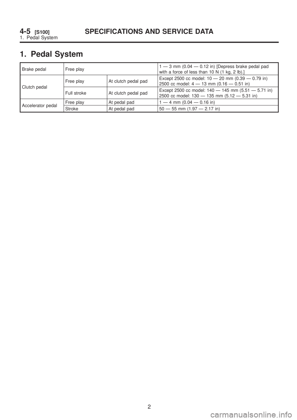 SUBARU LEGACY 1999  Service Repair Manual 1. Pedal System
Brake pedal Free play1Ð3mm(0.04 Ð 0.12 in) [Depress brake pedal pad
with a force of less than 10 N (1 kg, 2 lb).]
Clutch pedalFree play At clutch pedal padExcept 2500 cc model: 10 Ð